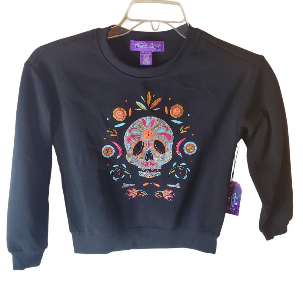 Violet Skye Glittery Sugar Skull Dia de los Muertos Sweatshirt NWT 14/16
